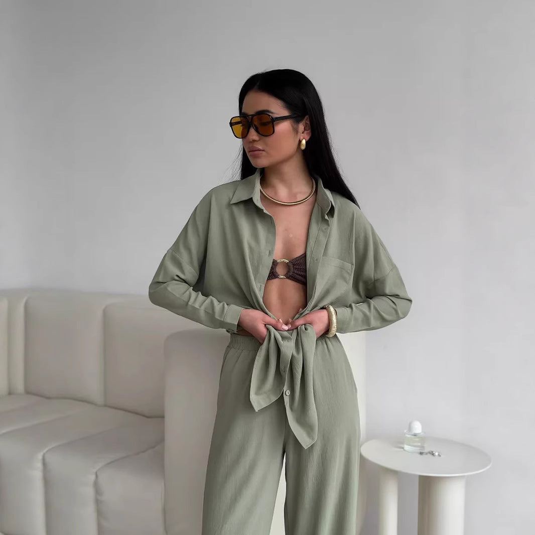 Two Piece Pants Set with Button-Down Shirt & Wide-Leg Pants