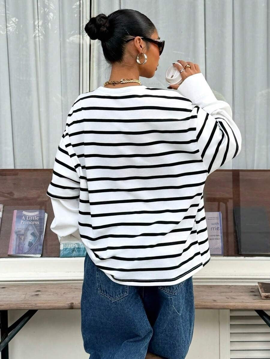 Striped Layered Look Long Sleeve Top Relaxed Fit Casual Tee