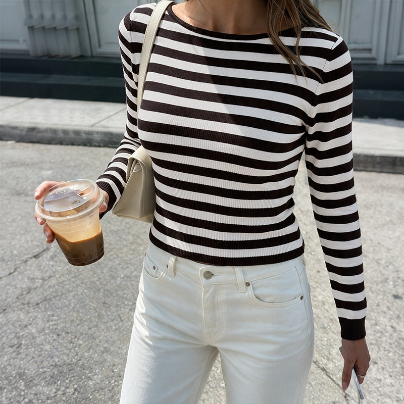 Striped Boat Neck Knit Sweater Long Sleeve Fitted Top