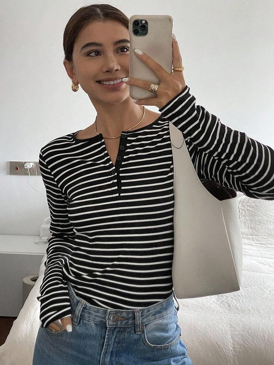 Striped Long Sleeve Top Henley Neck Casual Relaxed Fit Tee