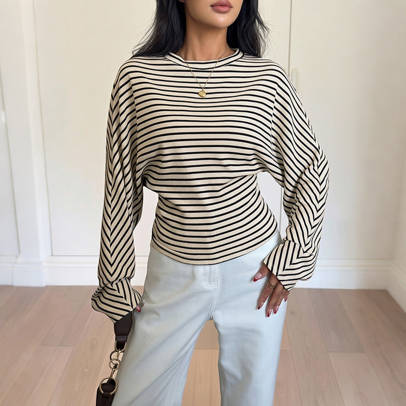 Striped Waffle Knit Dolman Sleeve Fitted Waist Top