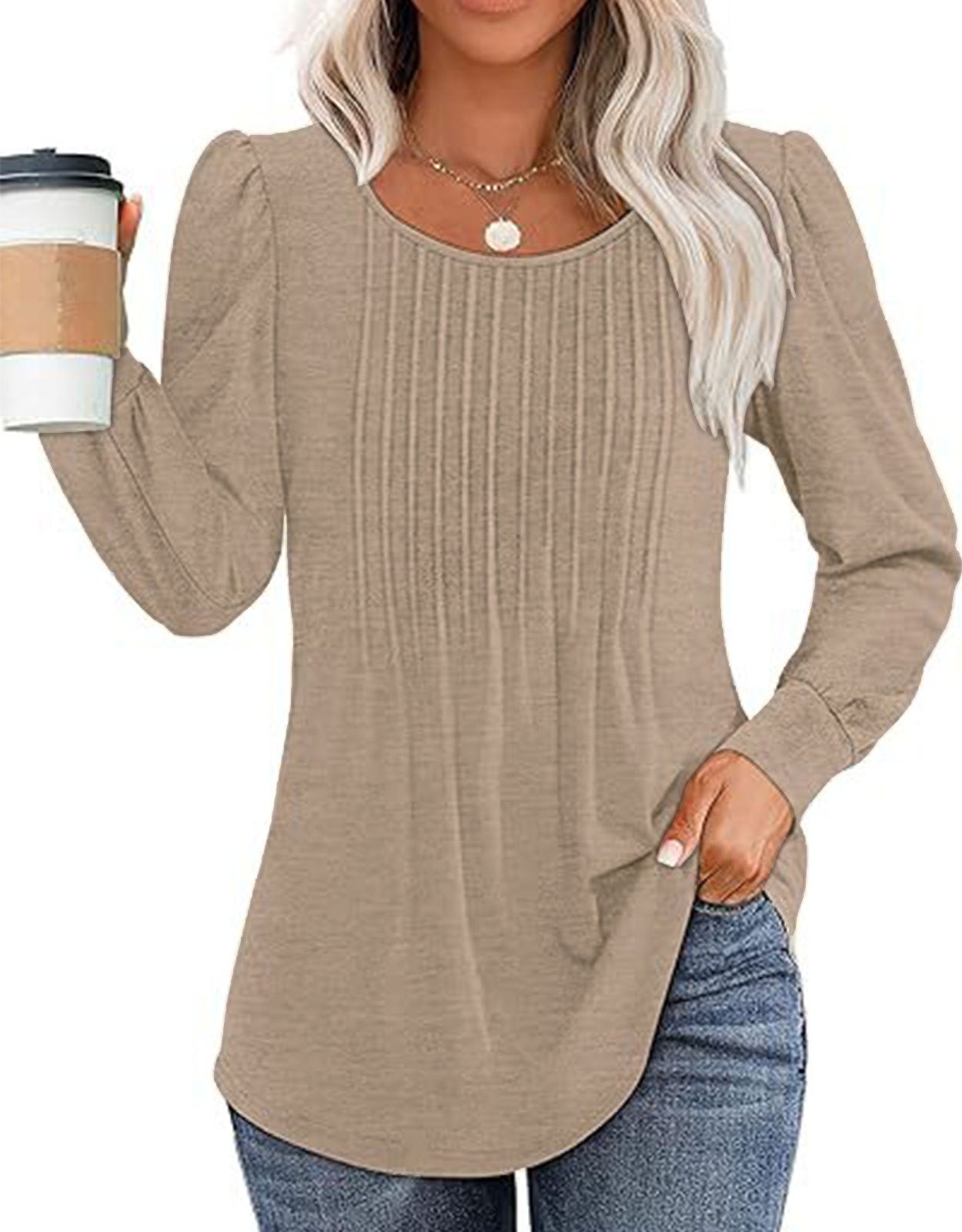 Solid Cotton Top Casual Pleated Puff Sleeve