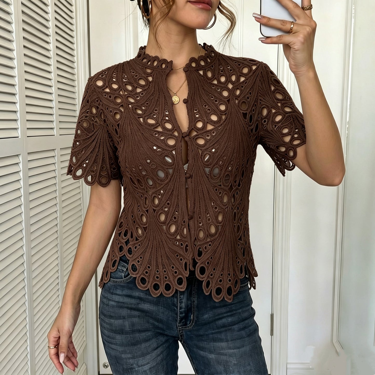 Crochet Lace Blouse with Sheer Bell Sleeves and Buttons