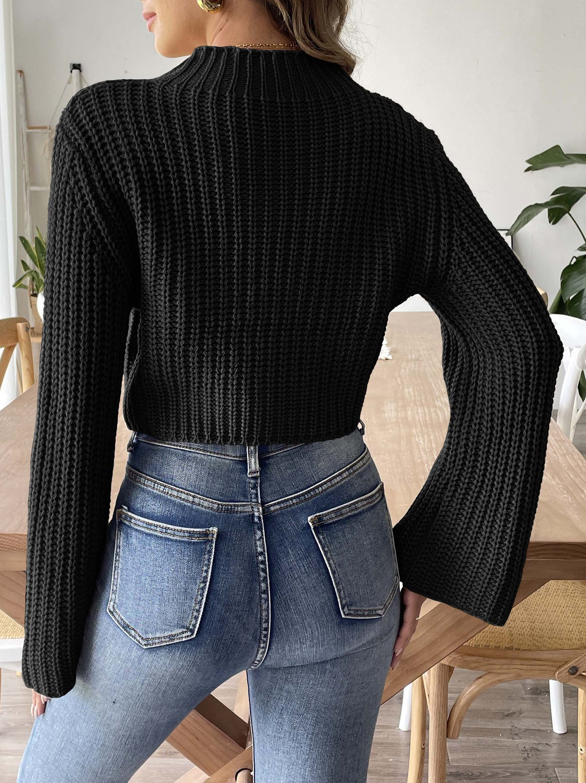 Women's Cropped Mock Neck Bell Sleeve Knit Sweater