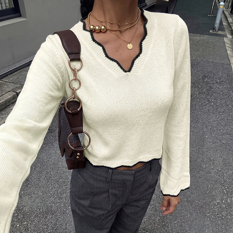 Contrast Trim V Neck Cropped Knit Sweater Long Sleeve Top