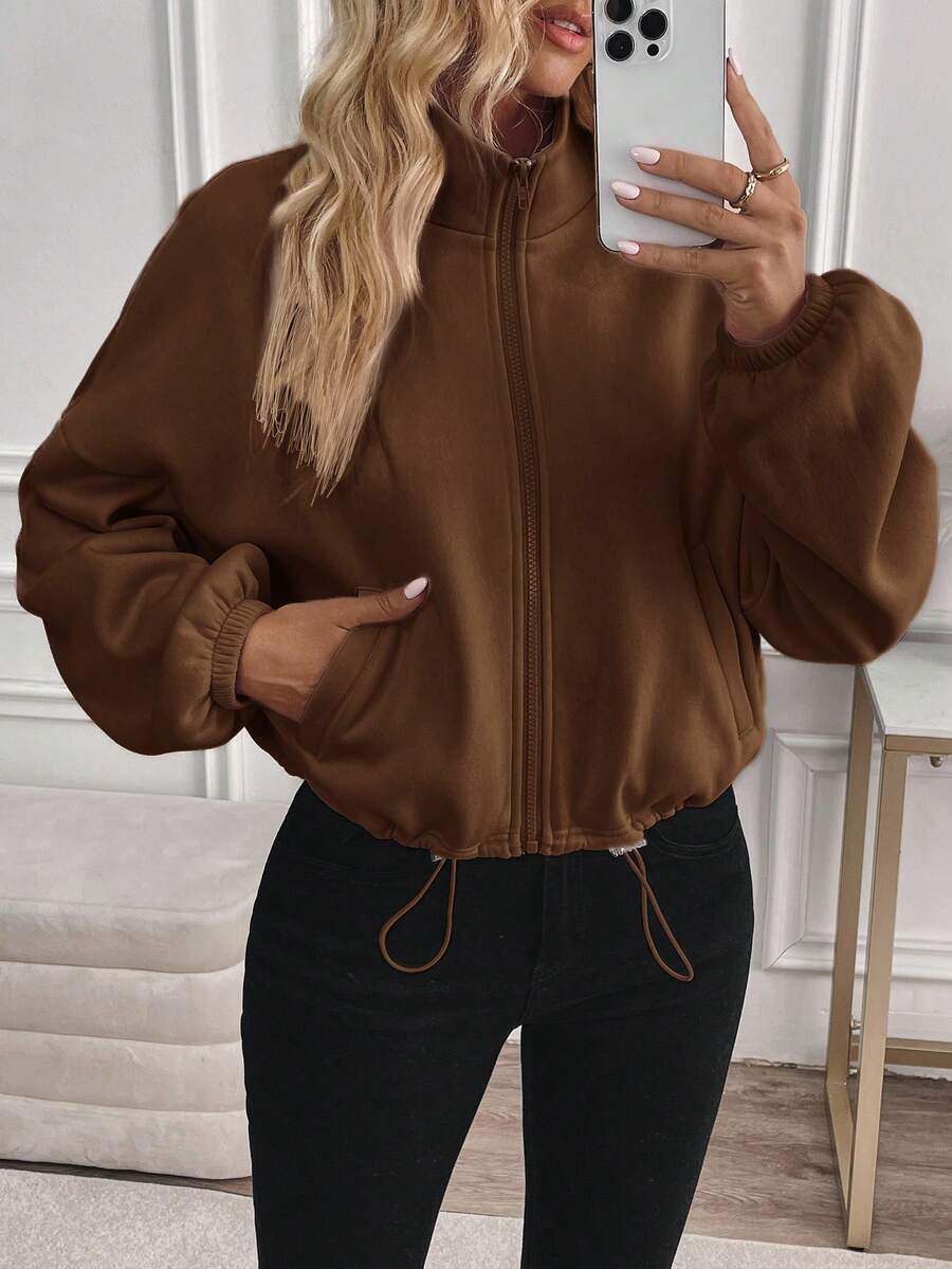 Fleece Zip Up Jacket Drawstring Casual Cropped Outerwear