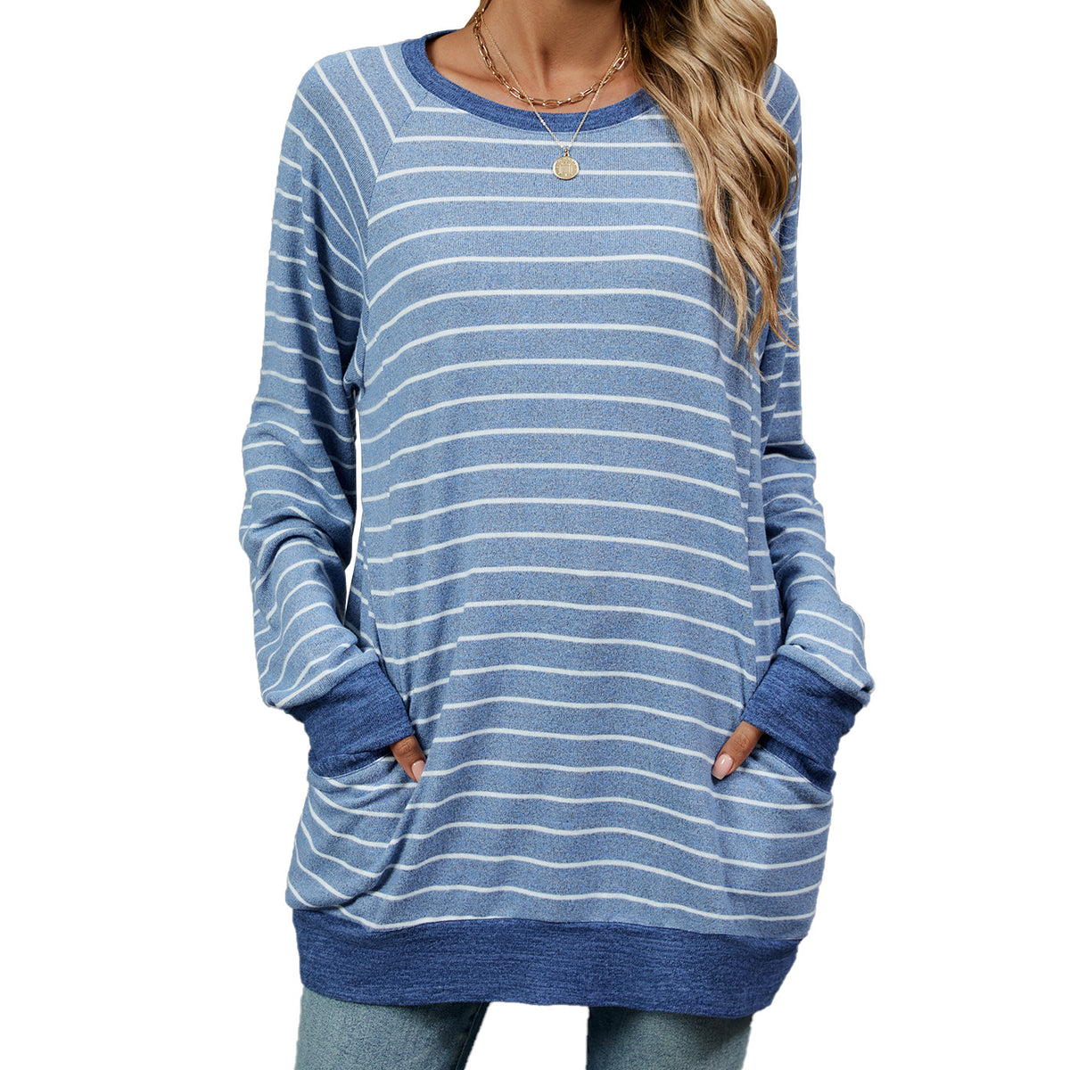 Women's Oversized Striped Long Sleeve Pocket Tunic