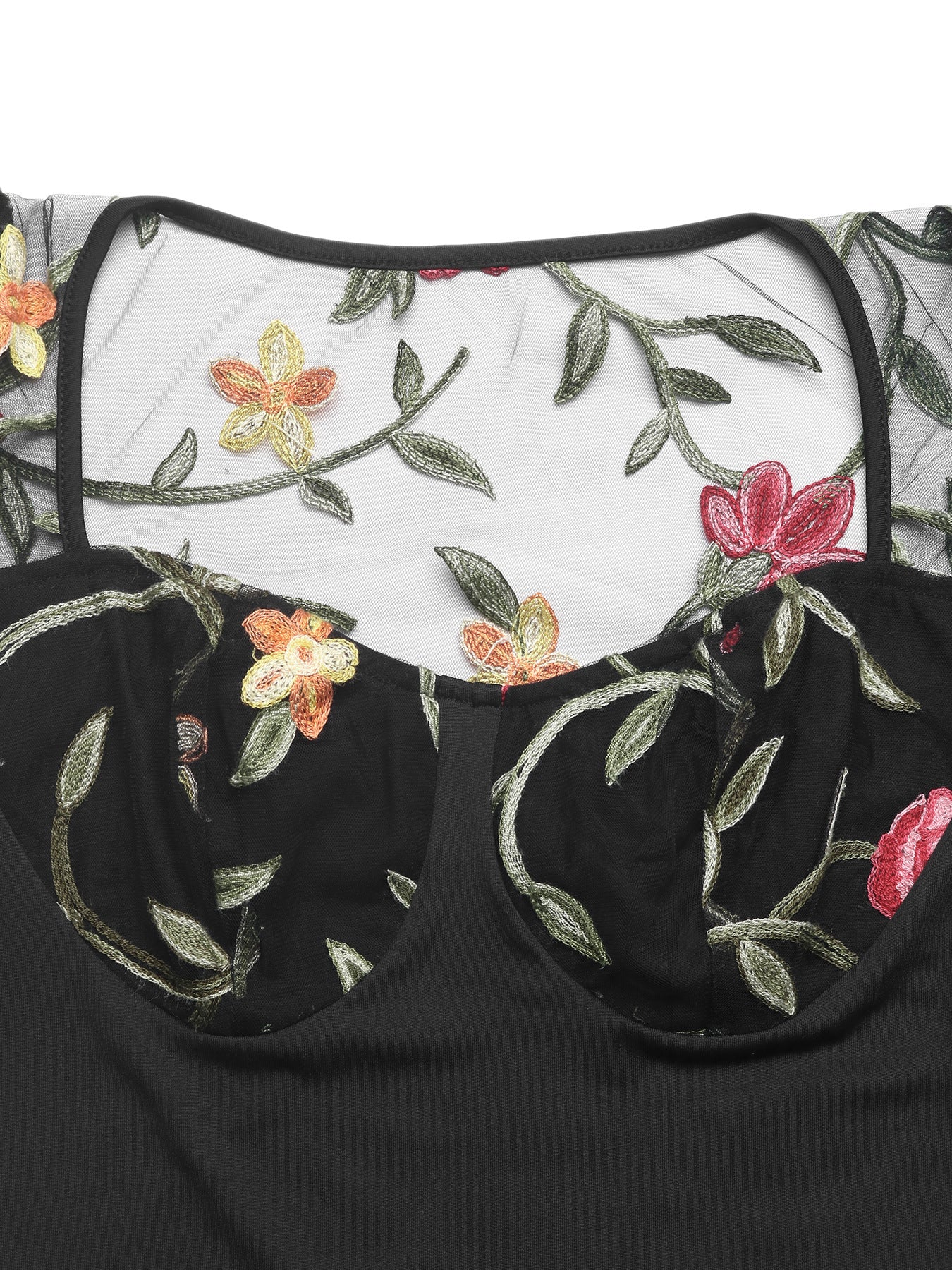 Floral Mesh Sleeve Square Neck Bodysuit