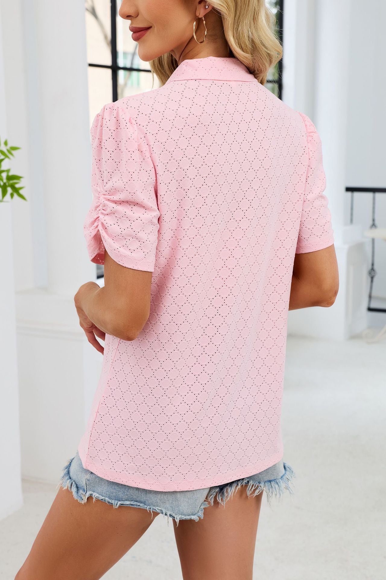 Womens V Neck Polo Knit Top Puff Sleeve Summer Casual Tee