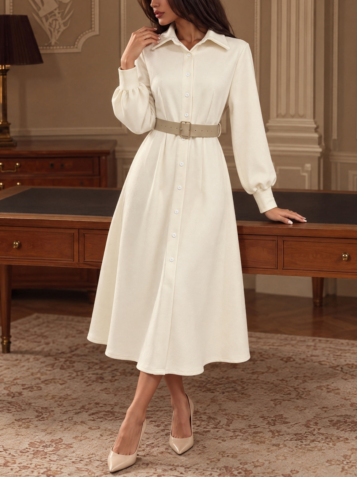 Women's Button Down Shirt Dress Long Sleeve Midi Belted