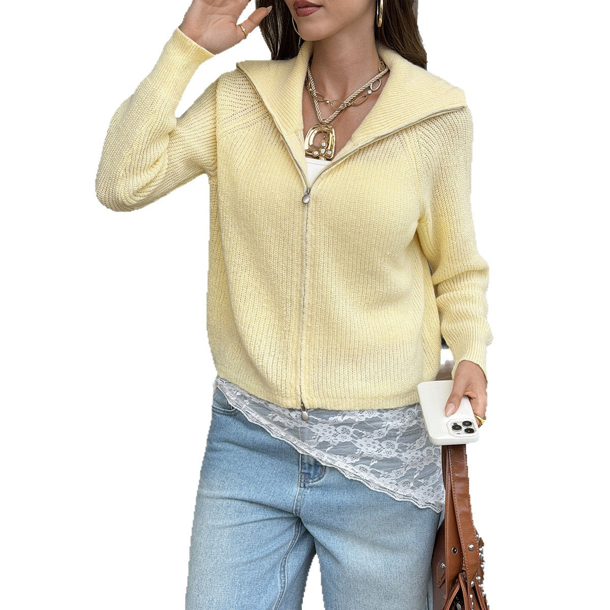 Women's Vintage Collared Zip-Up Knit Cardigan