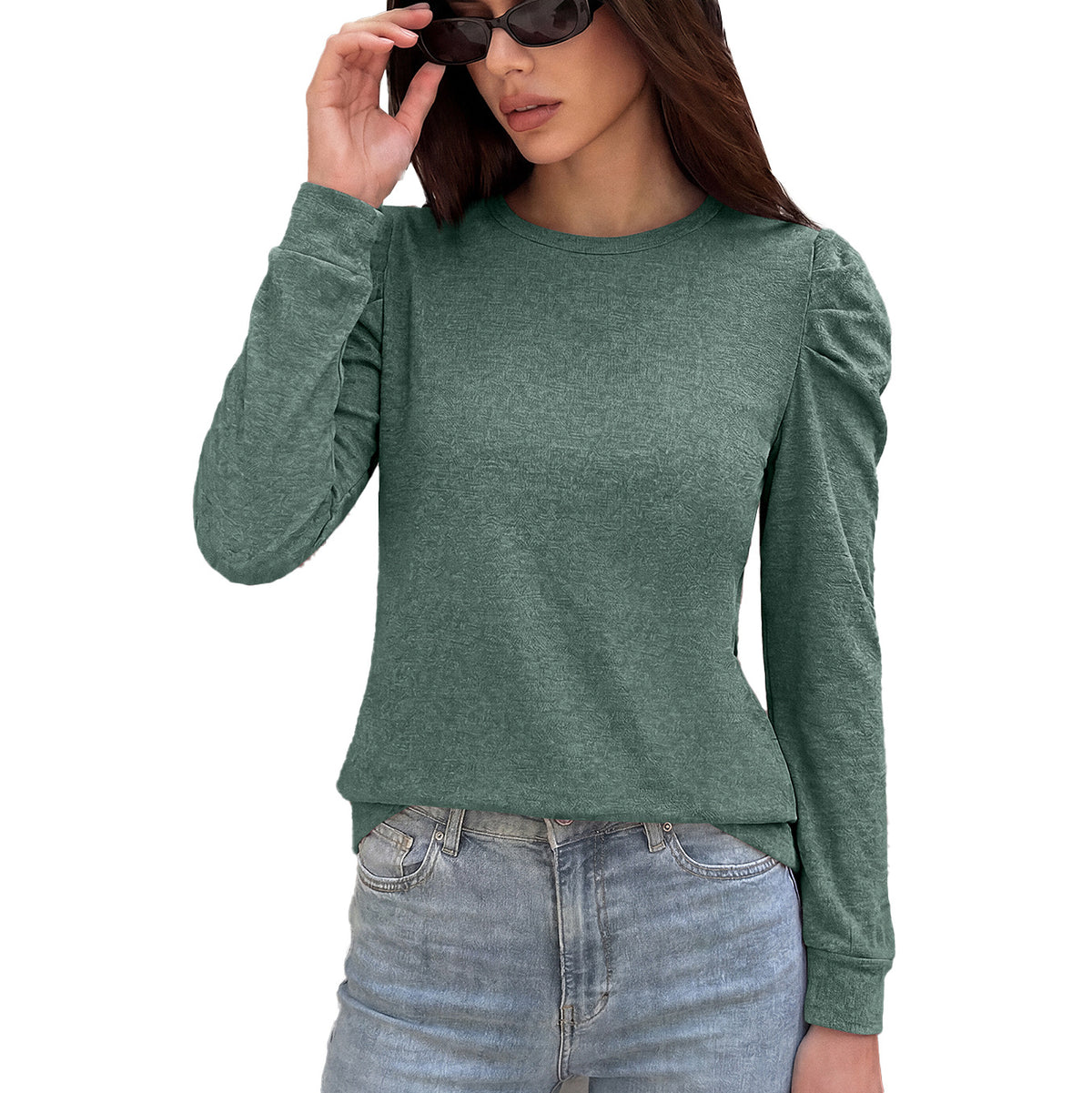 Women's Brushed Puff Sleeve Crew Neck Long Sleeve Top