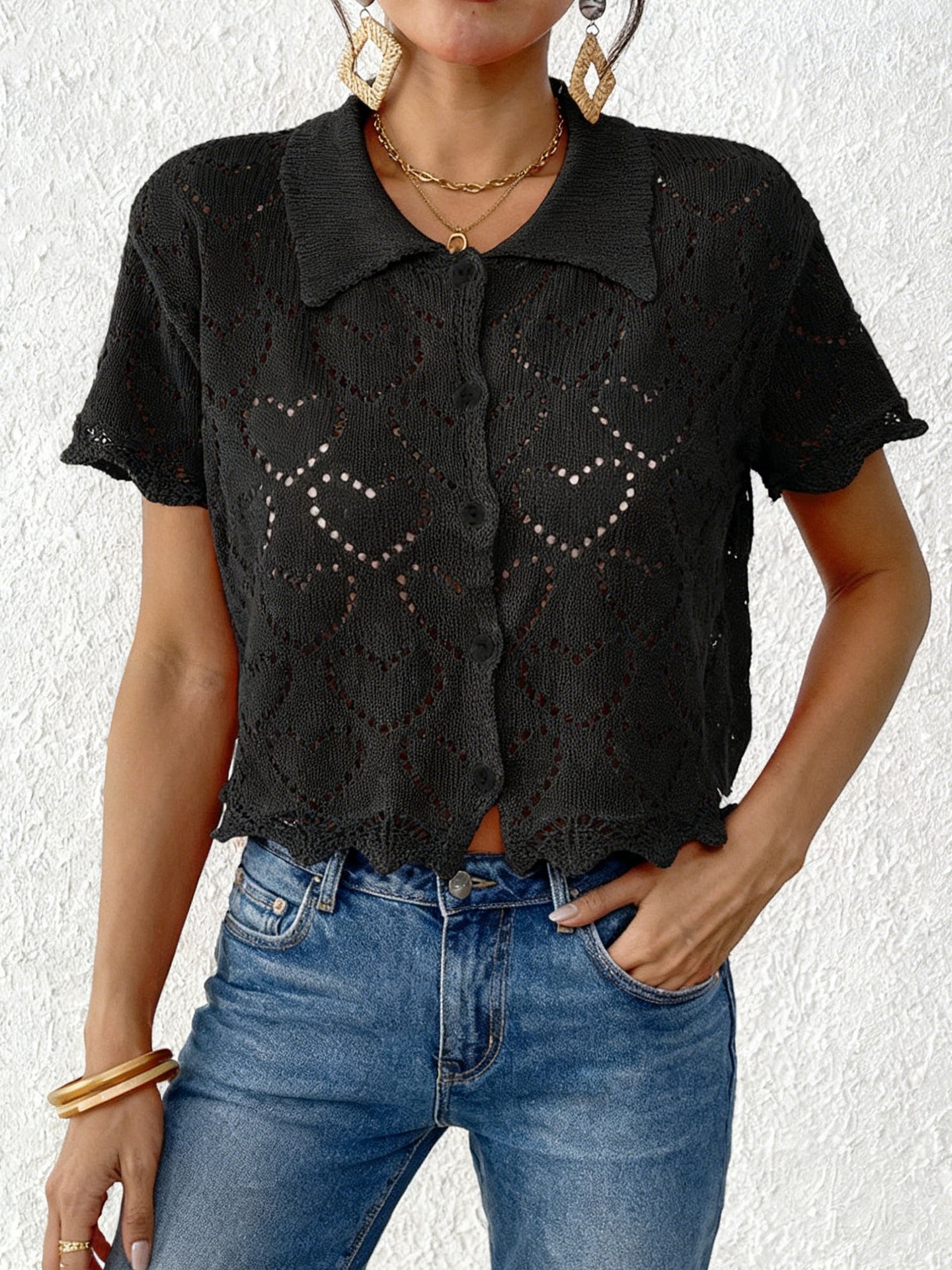 Heart Crochet Button Up Collar Short Sleeve Cardigan