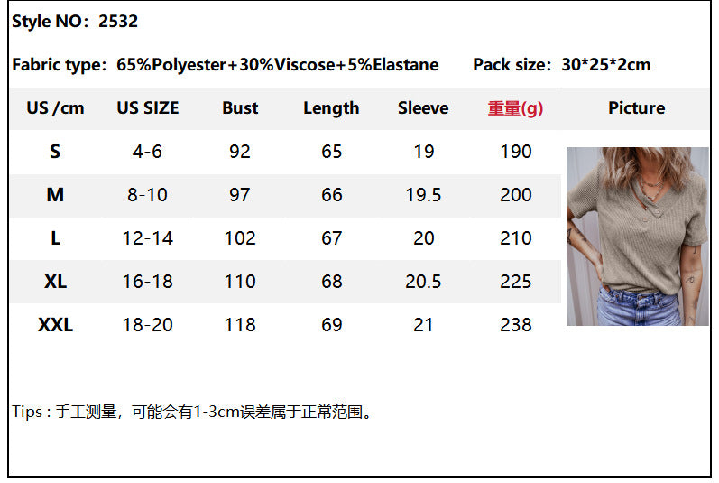 2025 Summer Knit Pit Stripe V-Neck Button Down T-Shirt Short Sleeve Top