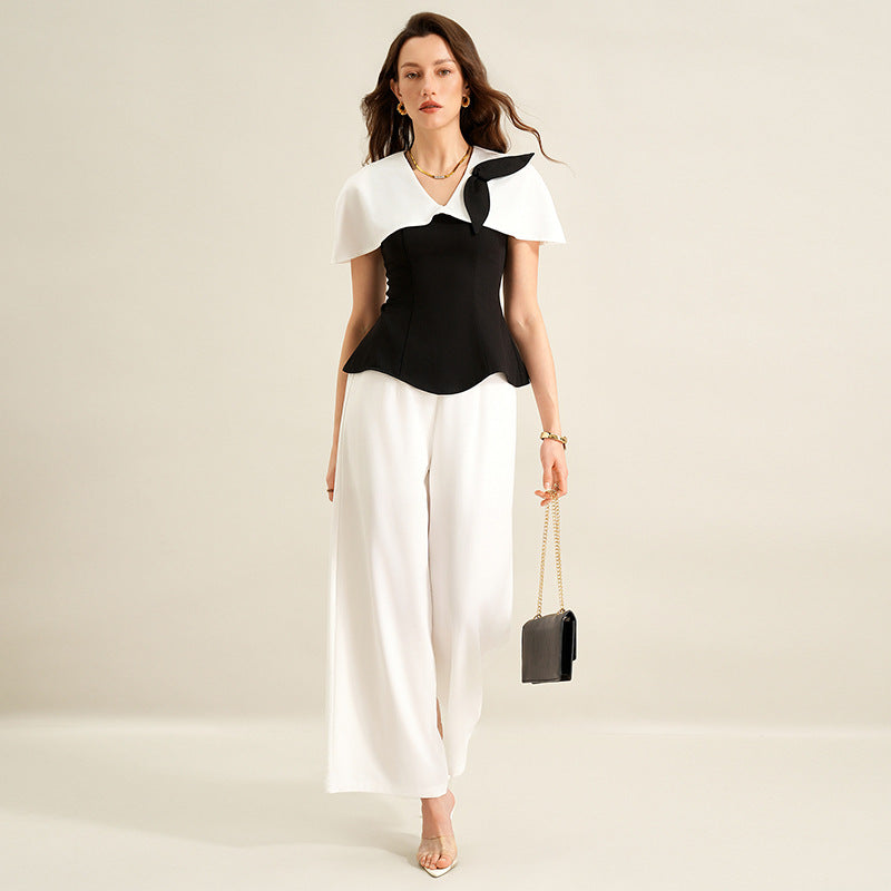 Elegant Black White Contrast Two Piece Pant Set