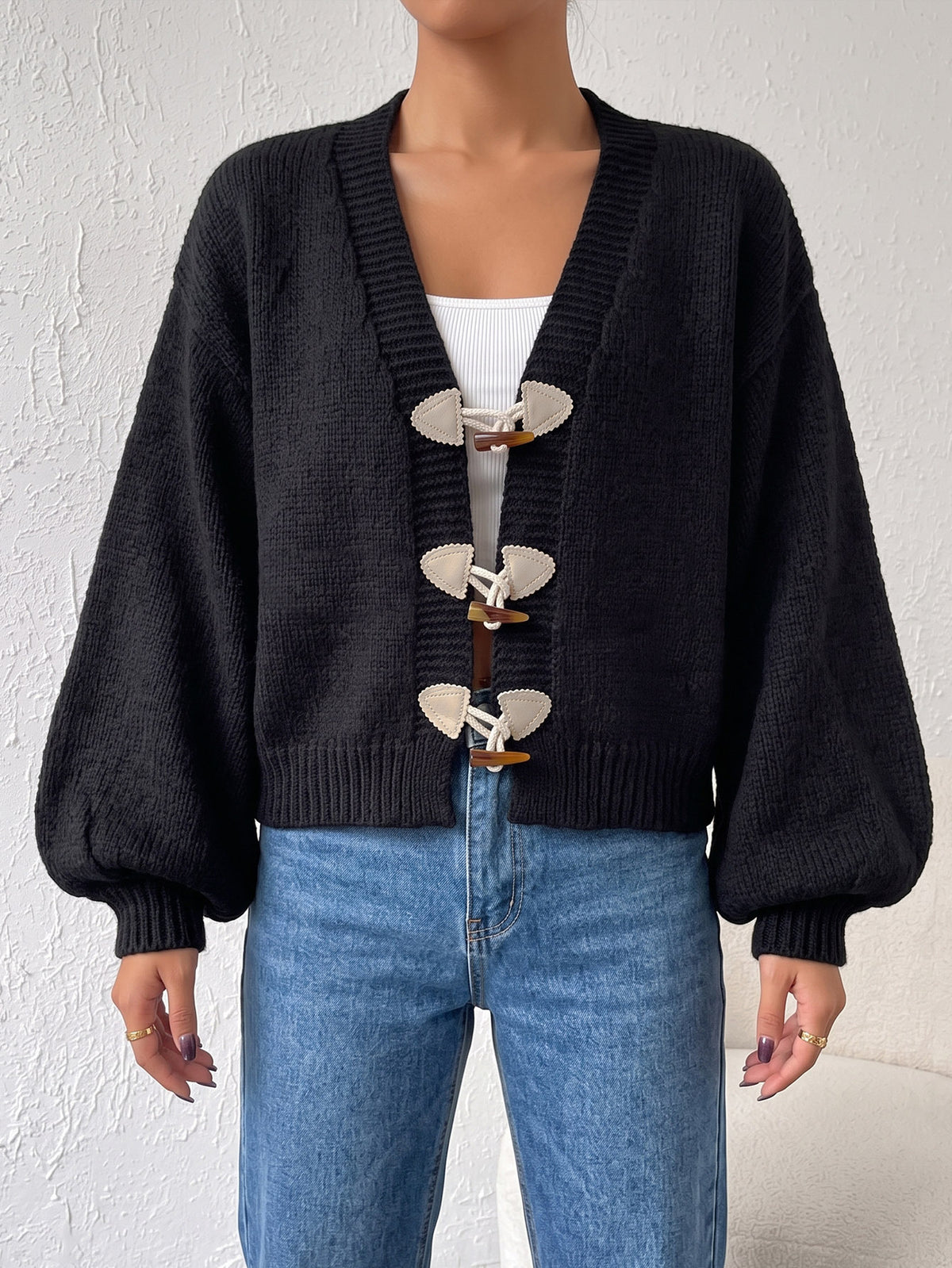 Women's Chunky Knit Cardigan Toggle Button Balloon Sleeve