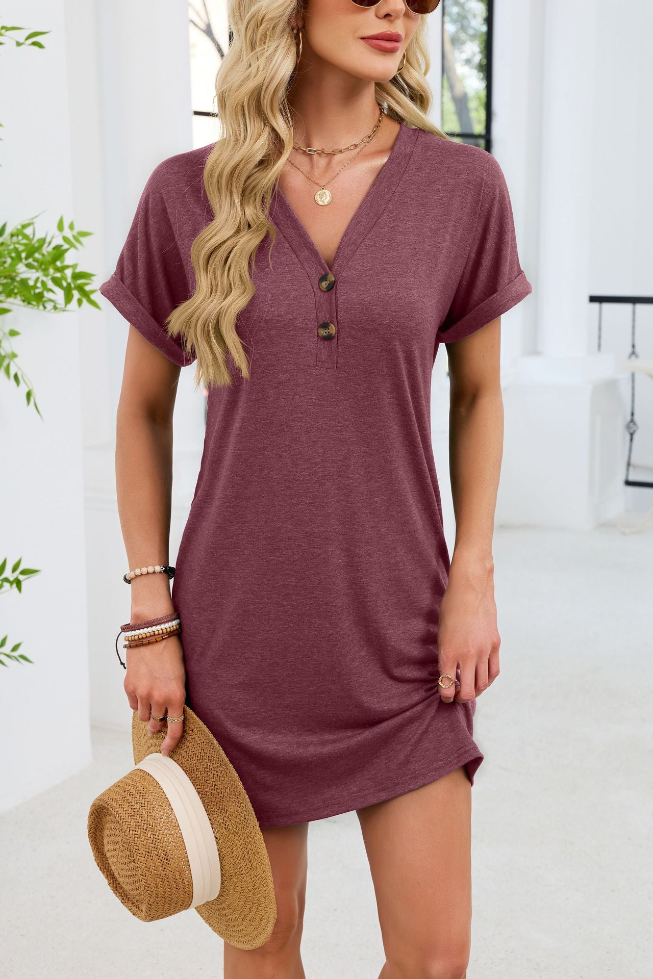 Casual V-Neck Short Sleeve Button Mini T-Shirt Dress