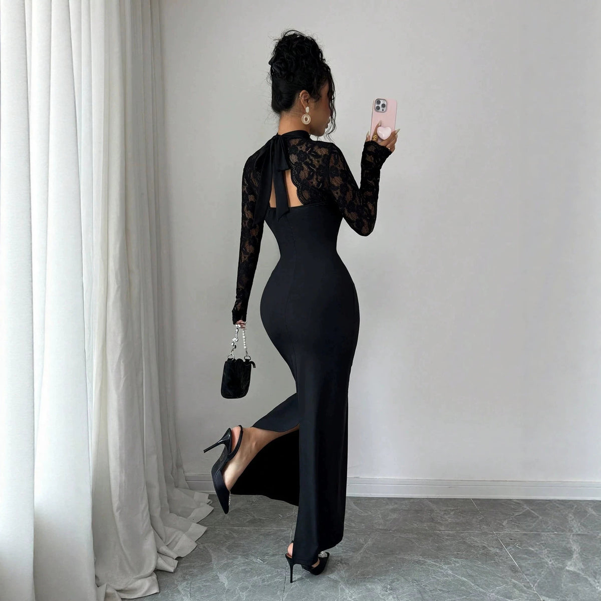 Women's Lace Sleeve Cutout Bodycon Maxi Dress