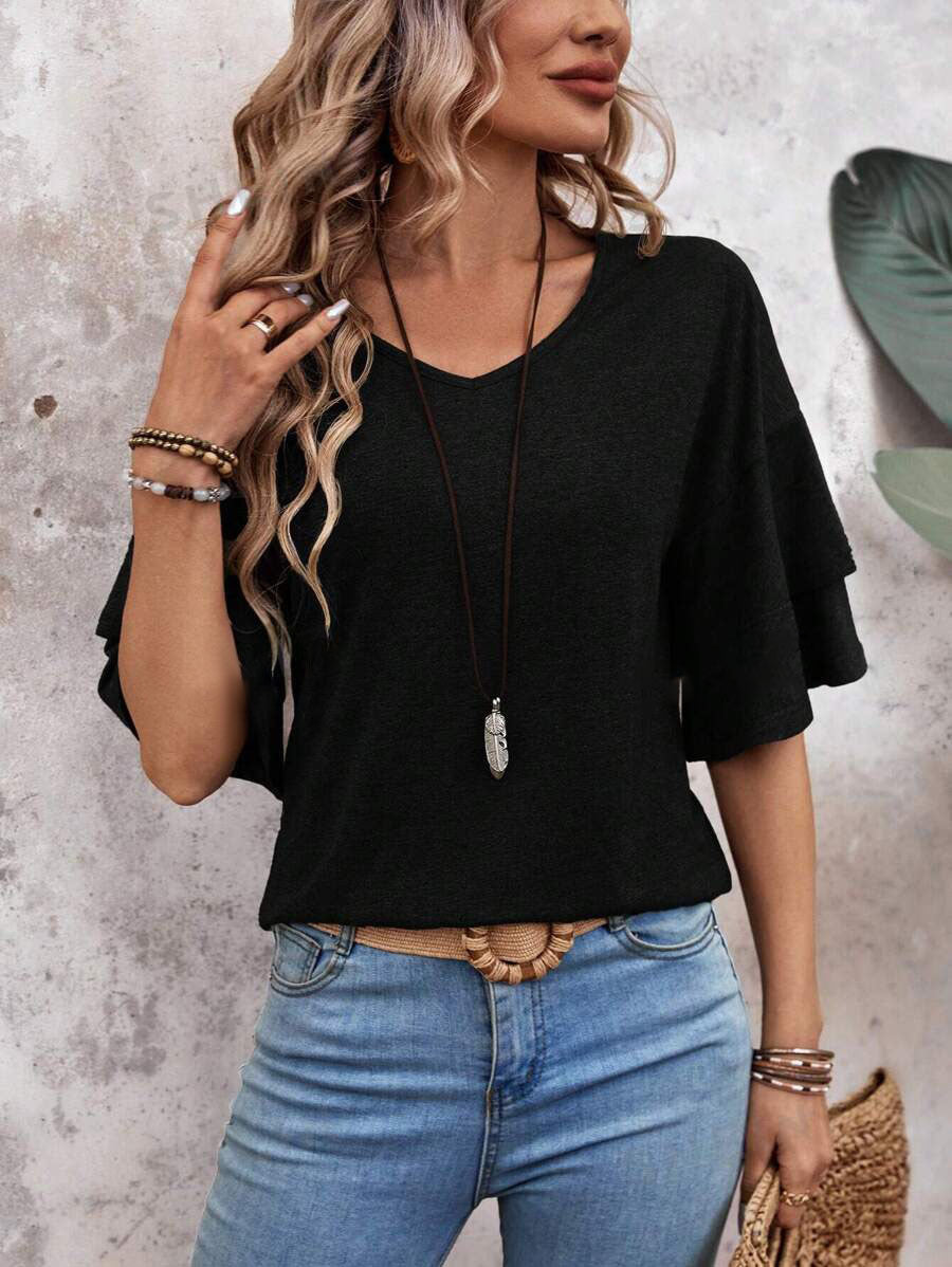 Summer V Neck Ruffle Sleeve Loose Fit Women’s Top