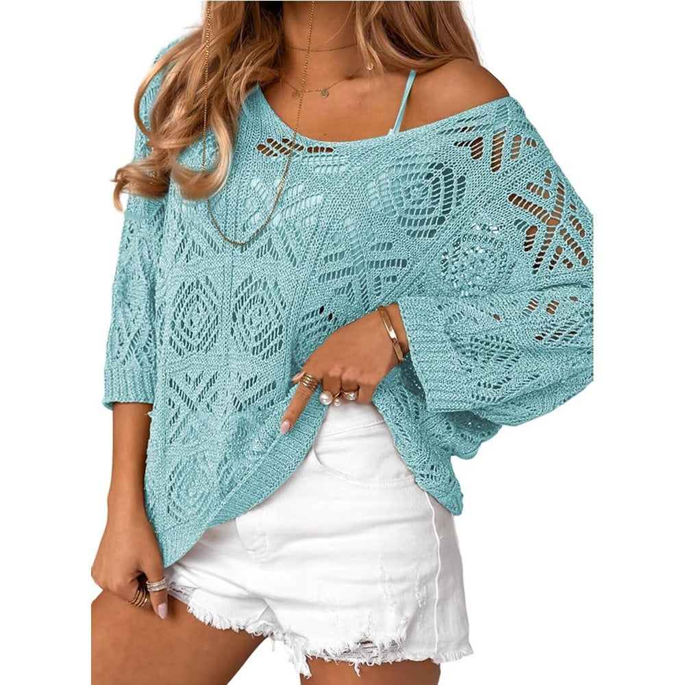 Openwork Crochet Knit Top Boho V Neck