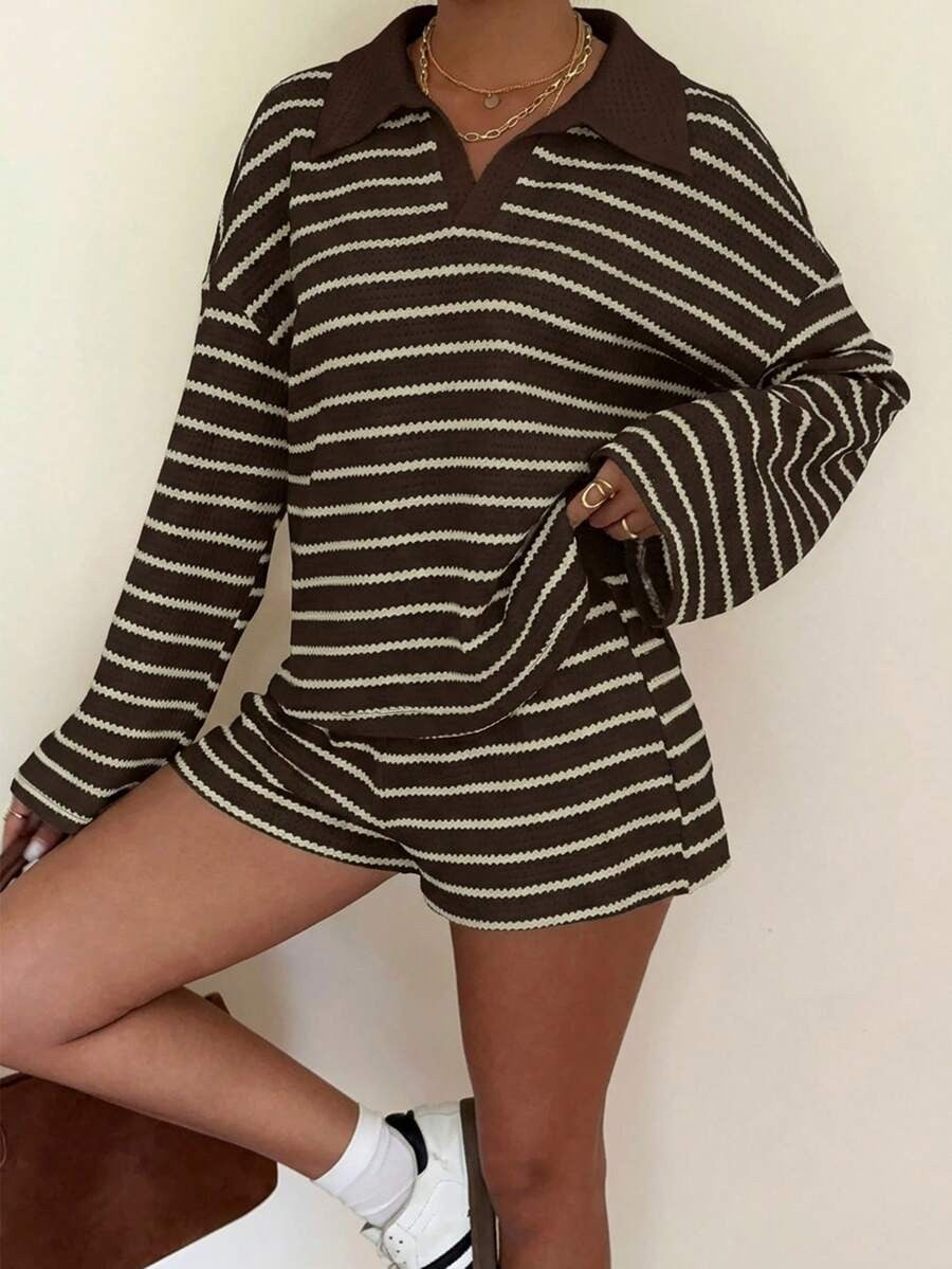 Striped Polo Lounge Set Resort Textured Collared Oversized