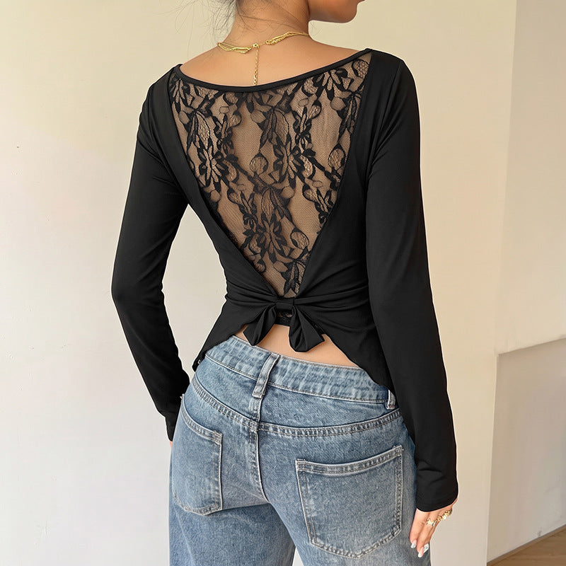 Lace Back Long Sleeve Top Slim Fit Basic Tee