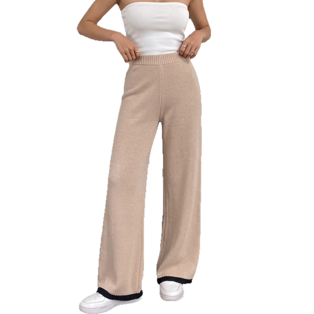 Women's High Waist Knit Wide Leg Sweater Pants Color Block