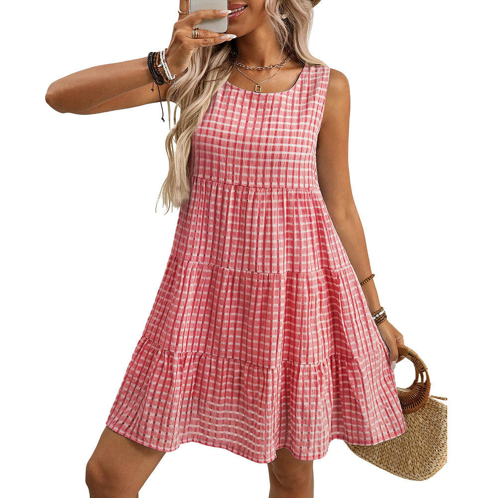 Sweet Summer Gingham Dress with High Waist Flare Hem