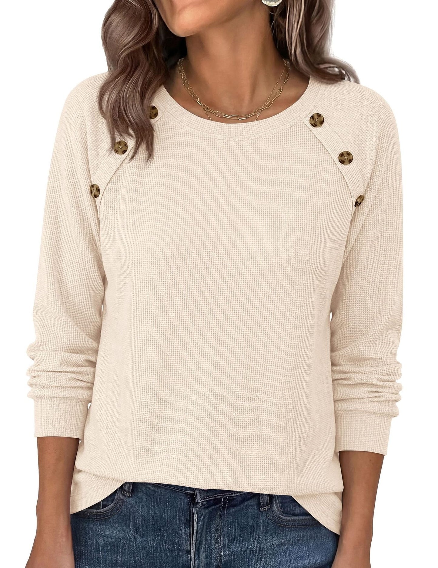 Waffle Knit Button Detail Top Long Sleeve Casual Pullover