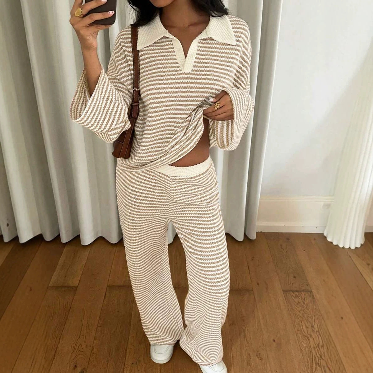 Women's Knit Stripe Loungewear Set Long Sleeve Top Pants