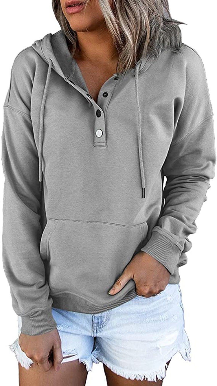 Women's Oversized Henley Hoodie Drawstring Pocket Pullover