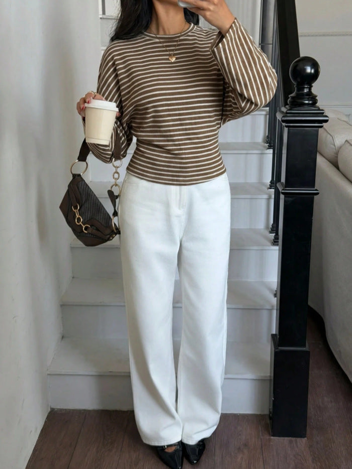 Women's Striped Batwing Waffle Knit Long Sleeve Top