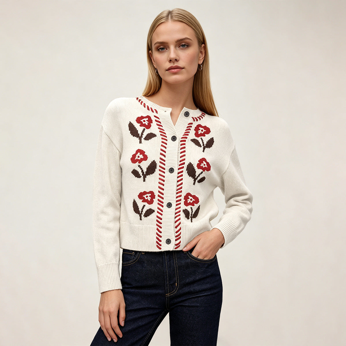 Women's Vintage Floral Knit Button Cardigan