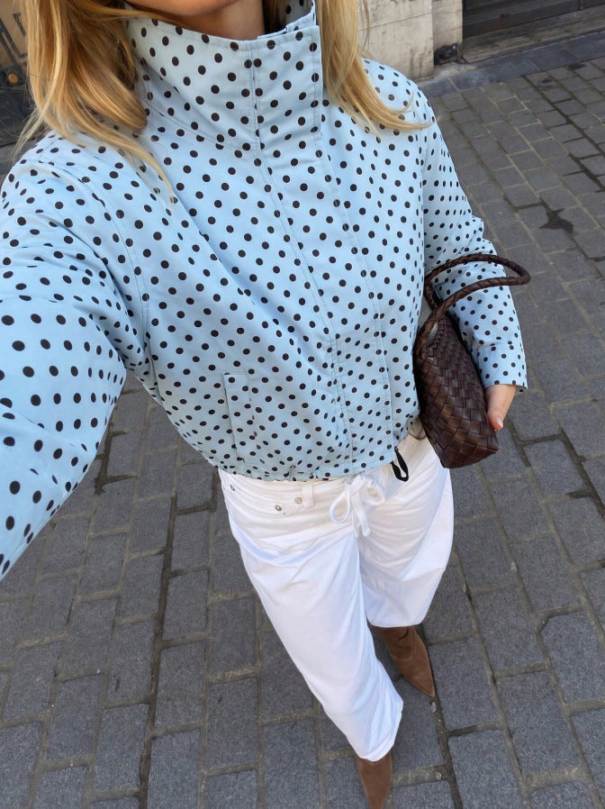 Polka Dot Woven Jacket Trendy Zip Up Stand Collar