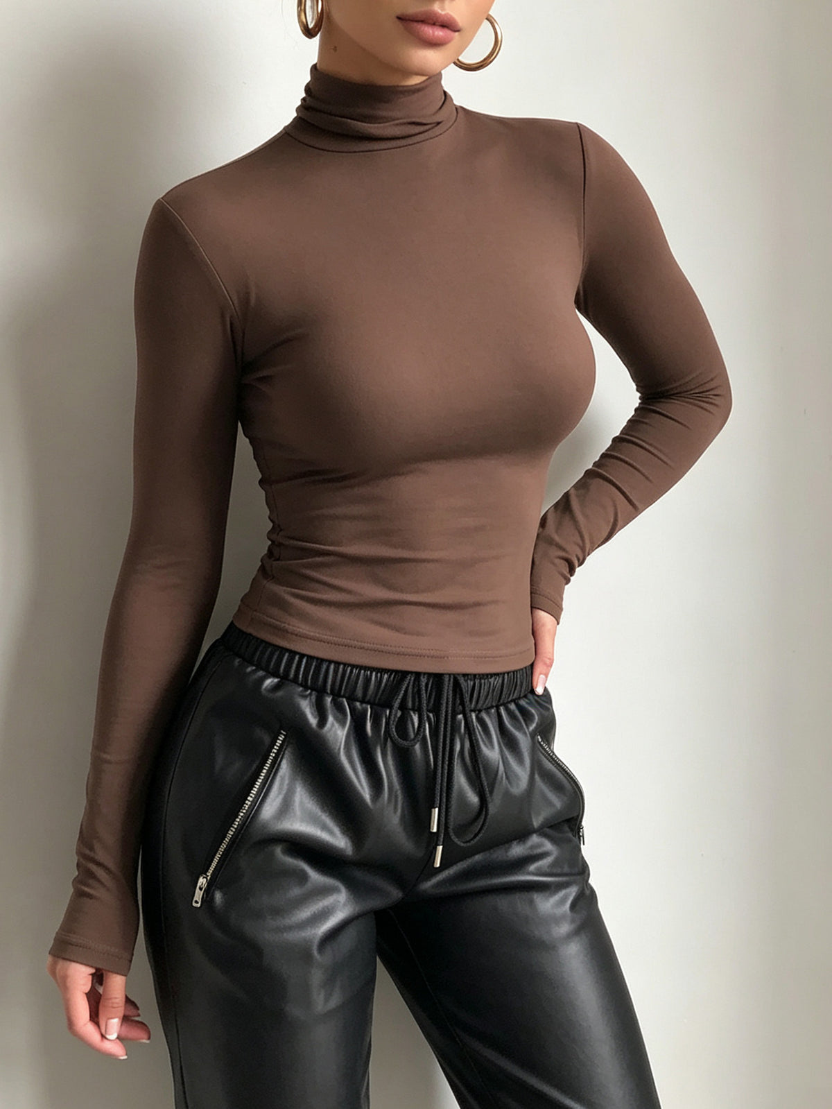 Brown Mock Neck Long Sleeve Fitted Crop Top
