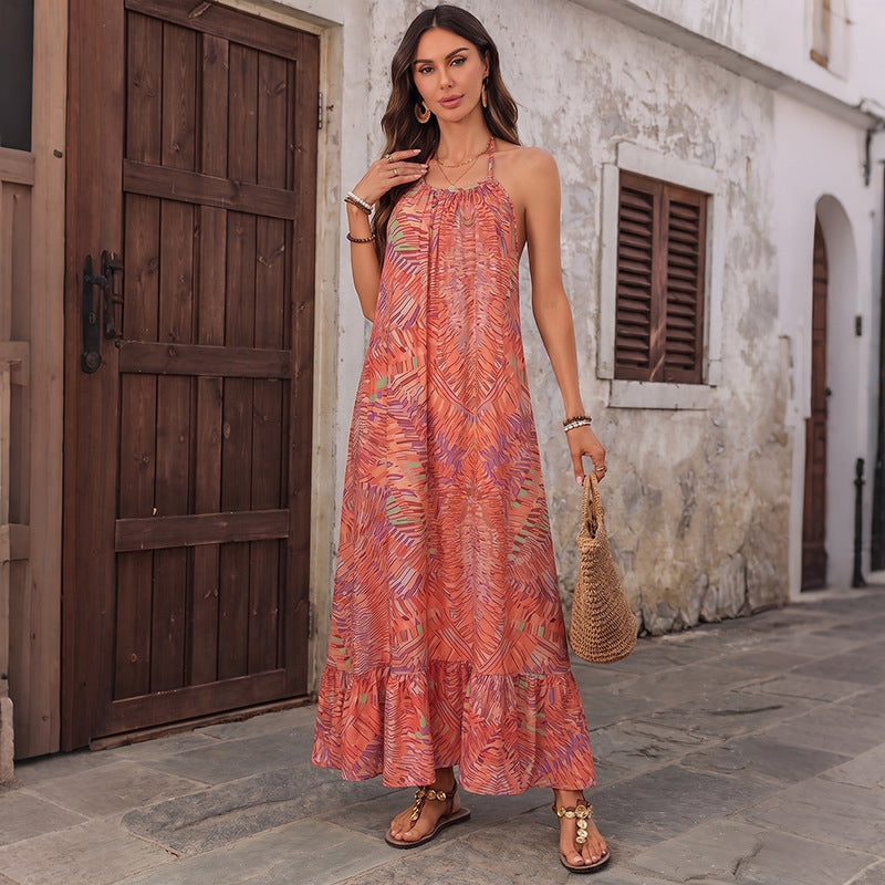 Abstract Gauze Maxi Dress Boho Halter Ruffle