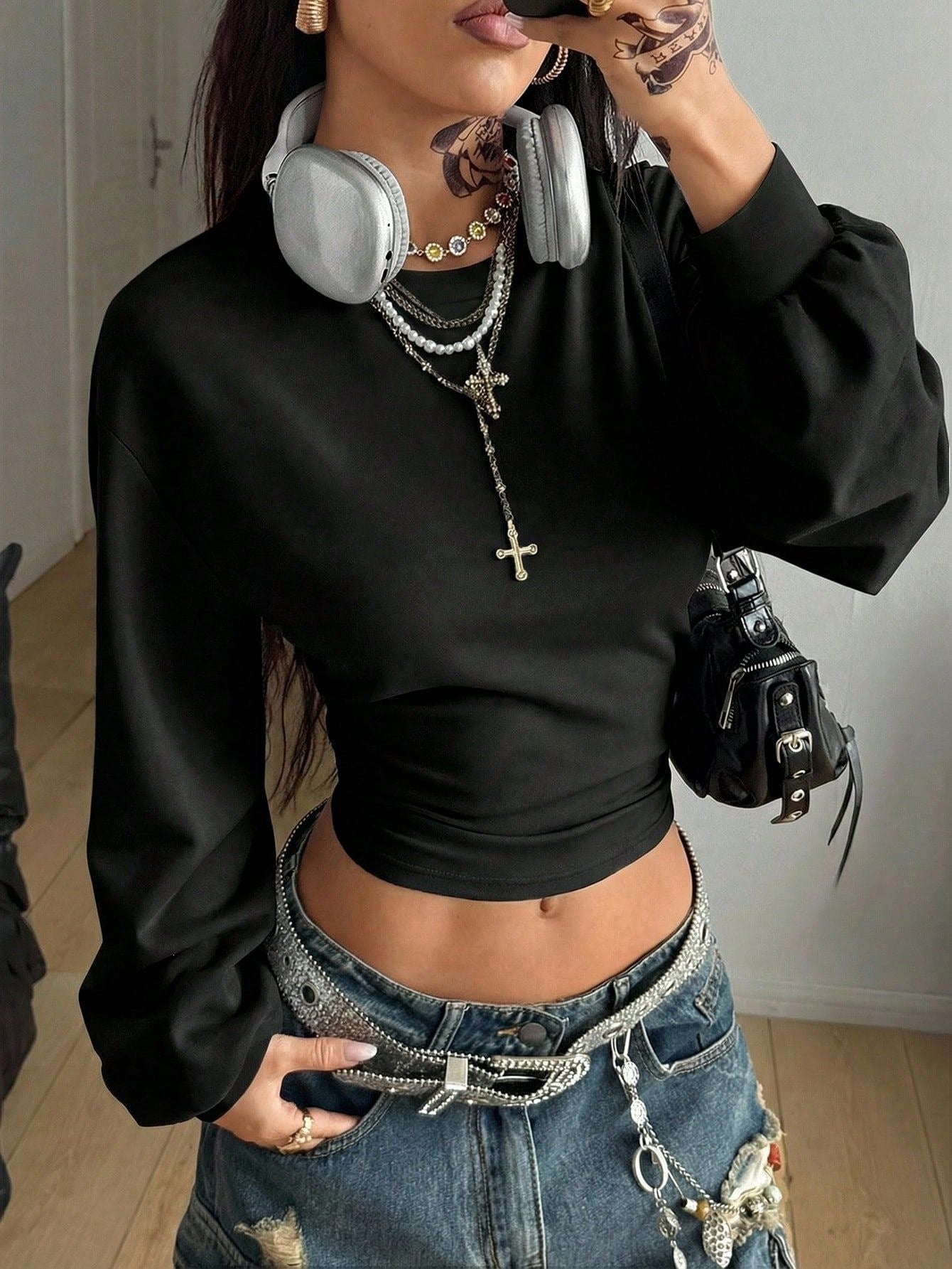 Solid Knit Crop Top Trendy Ruched Long Sleeve Slim Fit