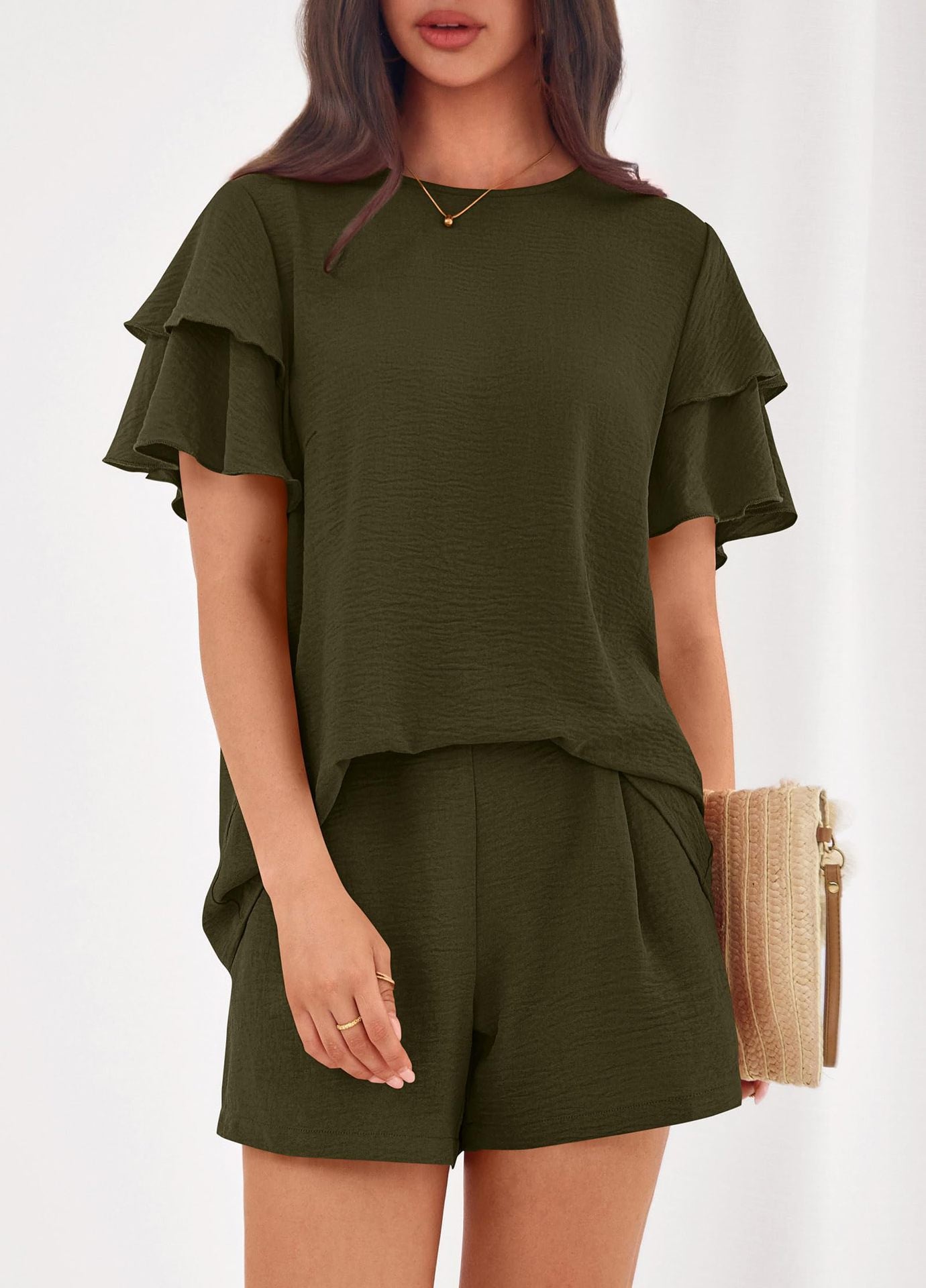 Casual Solid Ruffle Sleeve Short Set Lounge Outfit