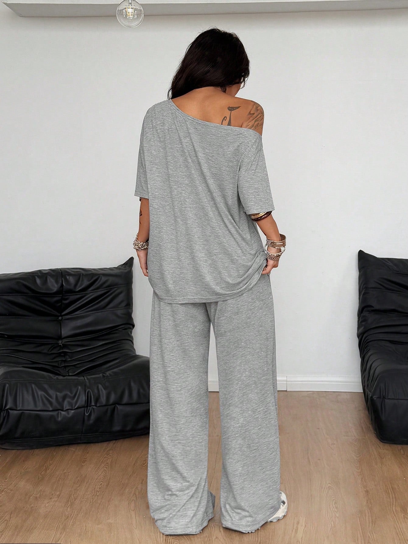 Off Shoulder Wide Leg Pants Set Casual Lounge Two Piece