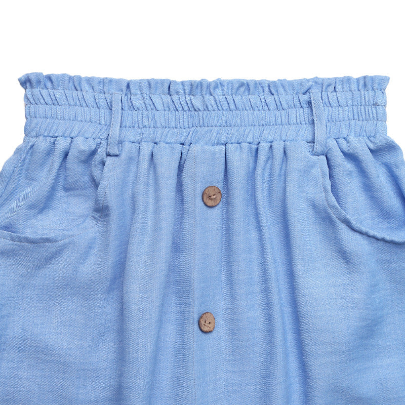 Button Front Blue Midi Skirt with Pockets