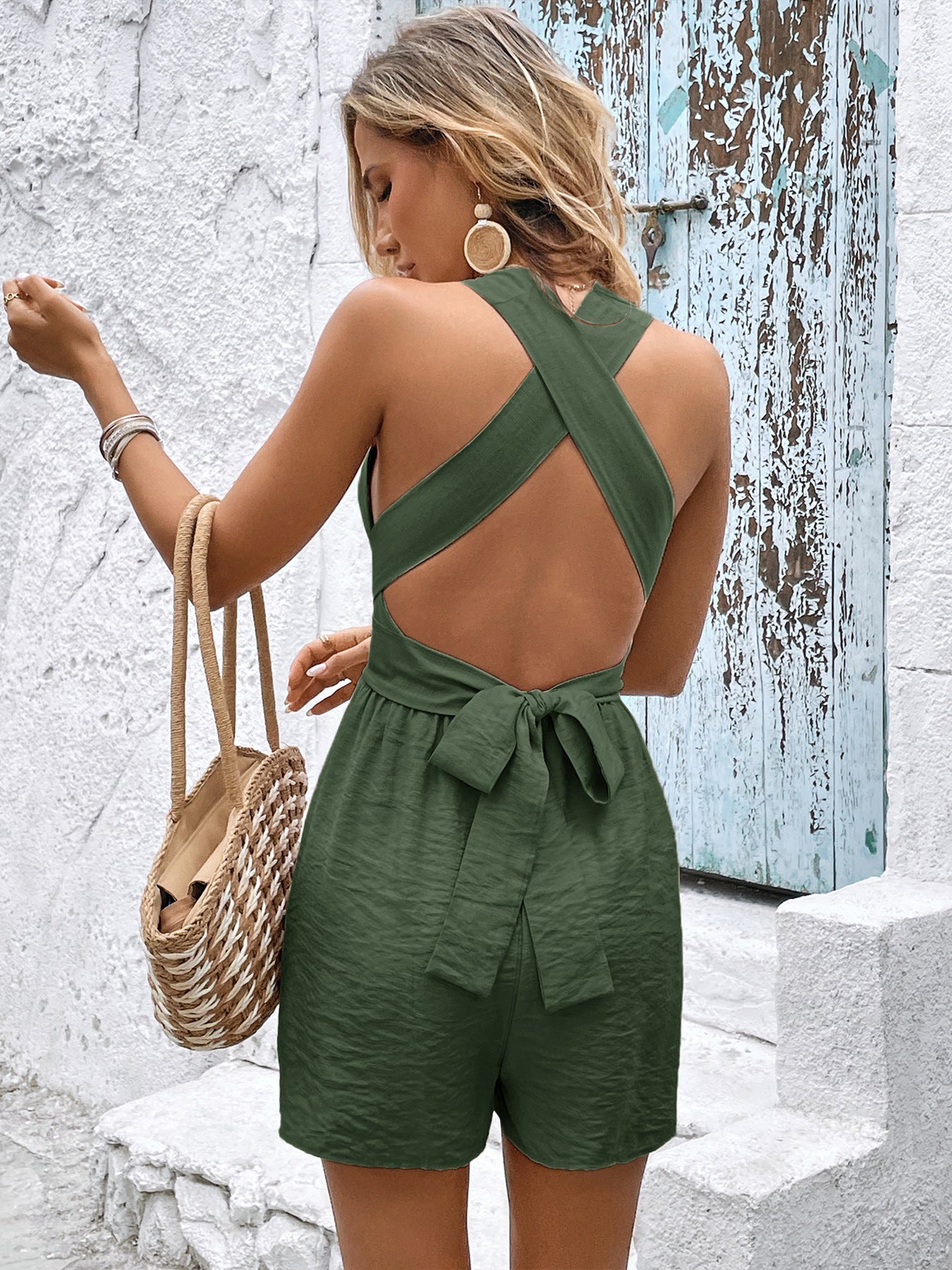 Khaki Sexy Sleeveless Low Cut Halter Tie Back Vacation Playsuit