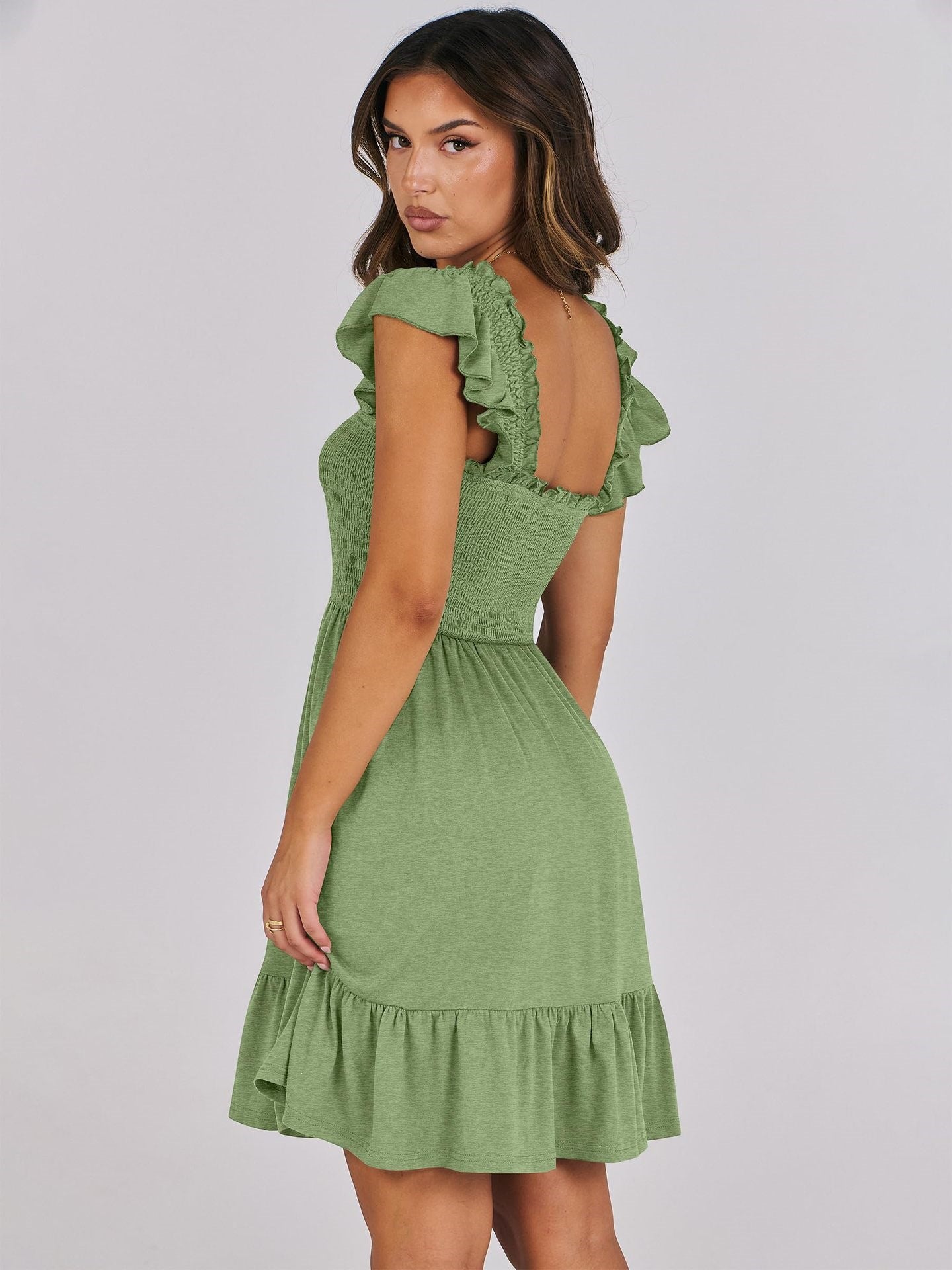 Women’s Smocked Square Neck Ruffle Sleeve Mini Dress Casual Summer Flowy A Line Dress