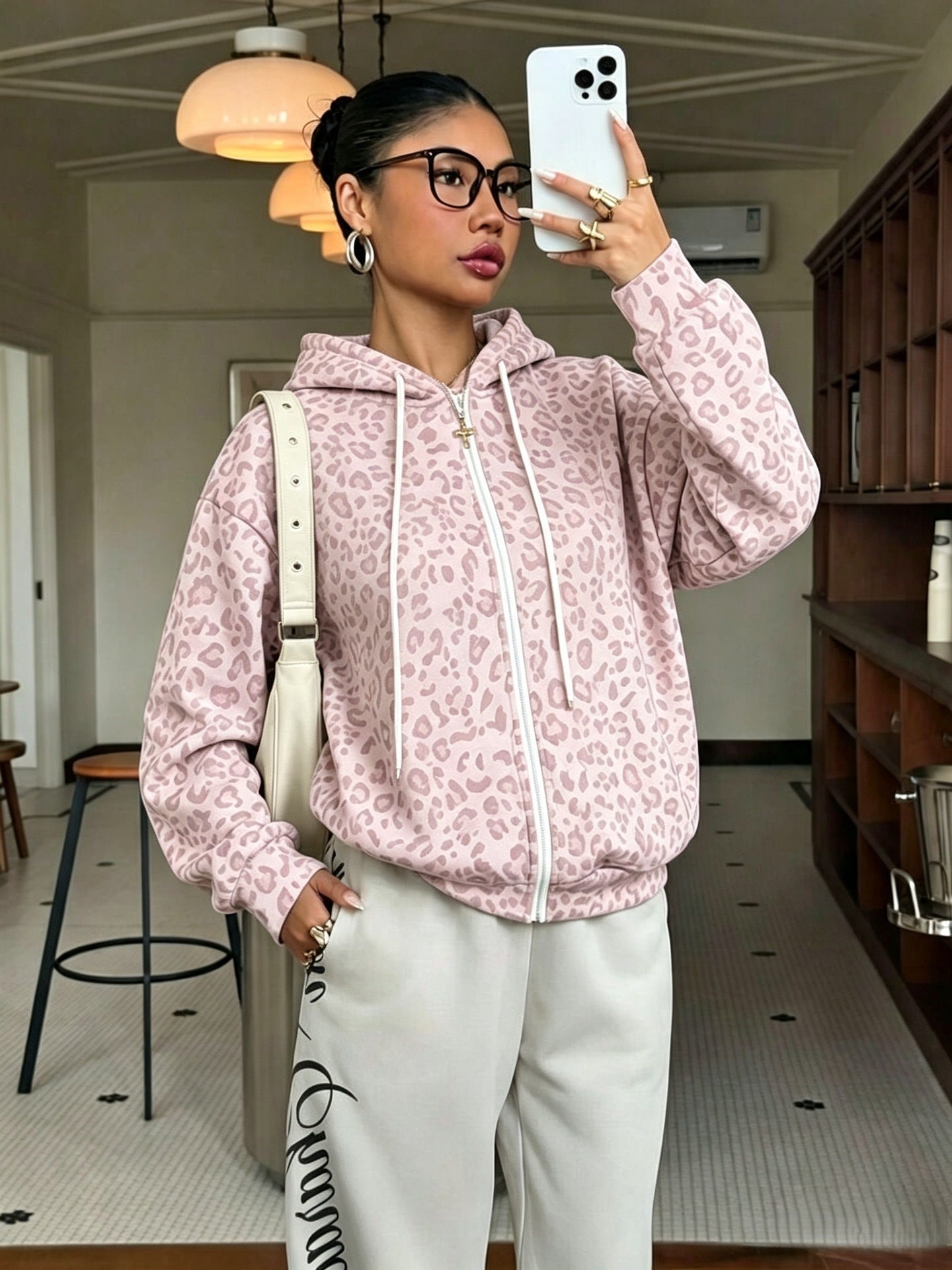 Women's Leopard Print Zip Up Fleece Hoodie Jacket