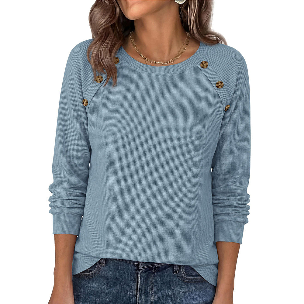 Waffle Knit Button Detail Top Long Sleeve Casual Pullover