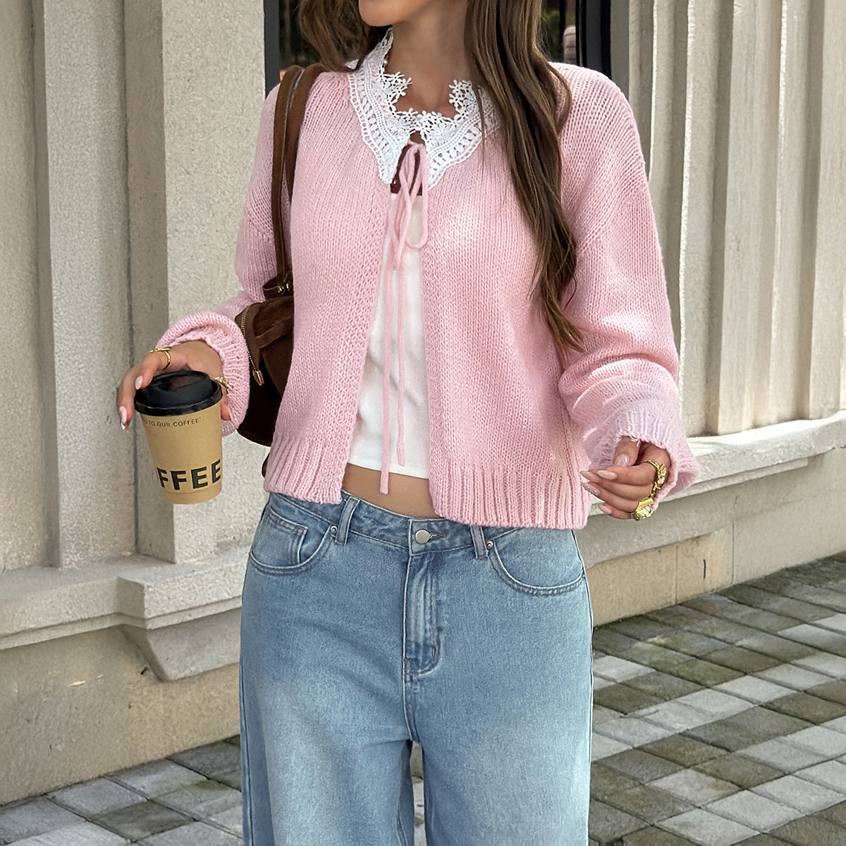 Women's Lace Tie Front Cropped Cardigan Sweater
