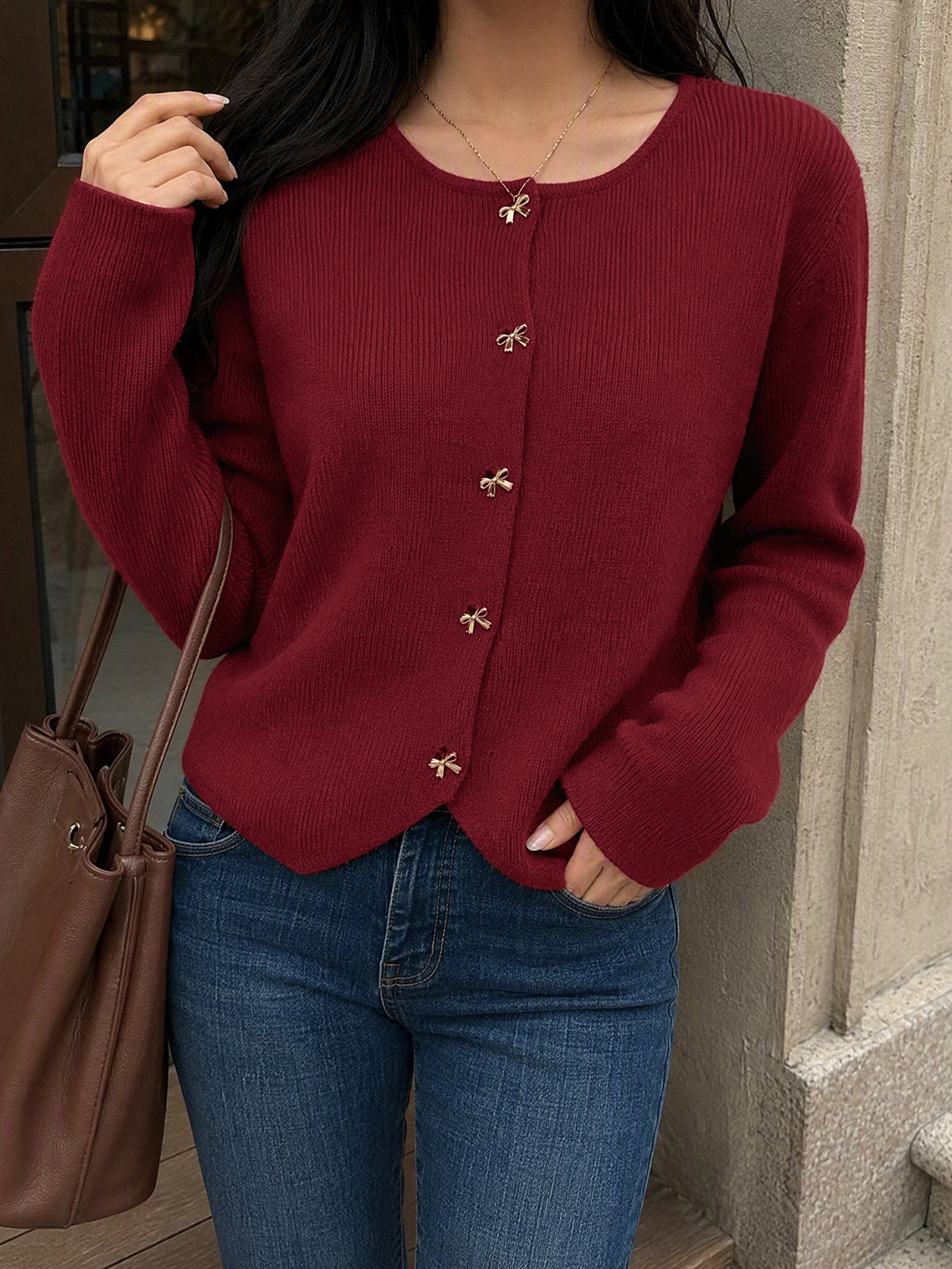 Women's Burgundy Crew Neck Gold Button Cardigan Sweater