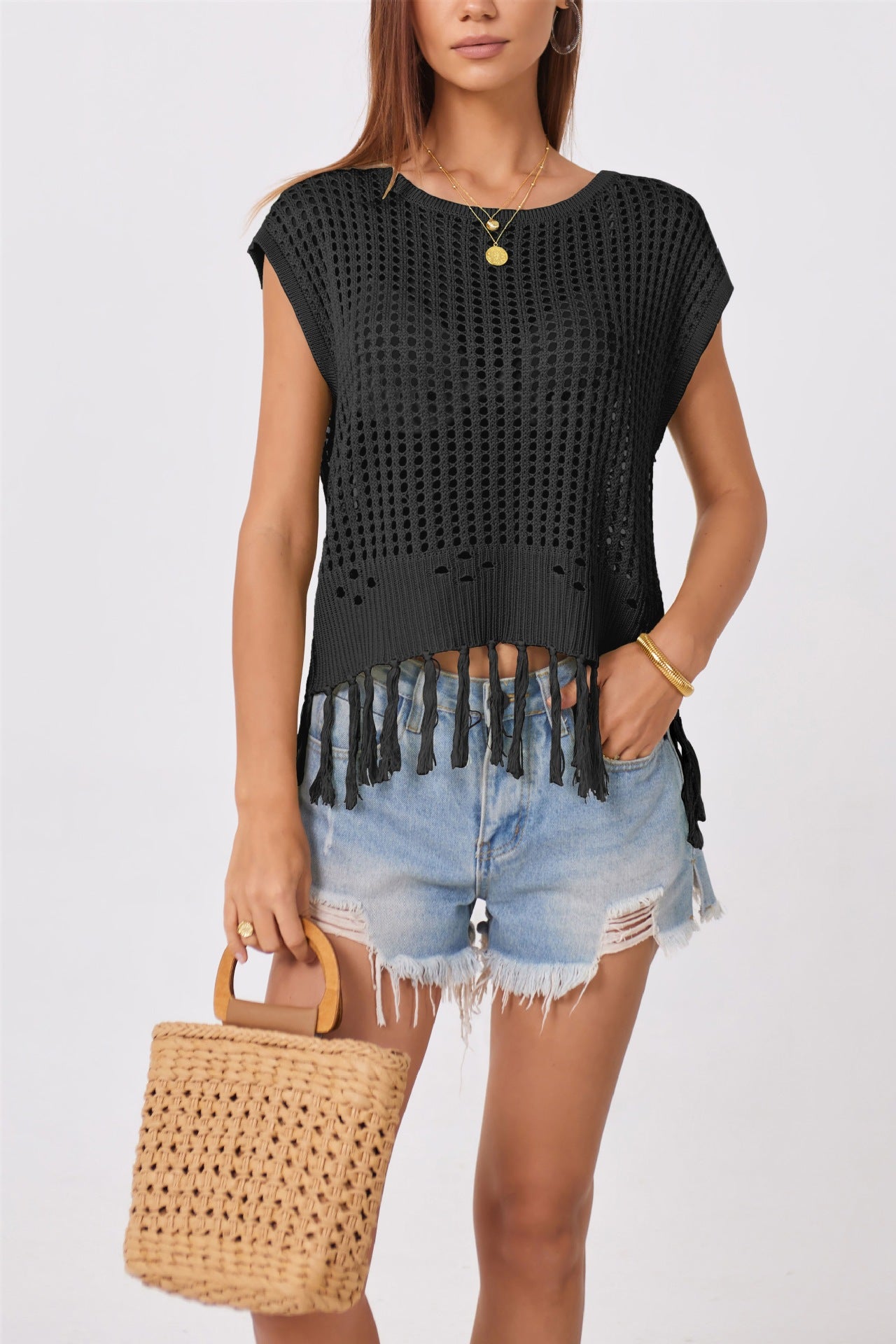 Crochet Fringe Knit Top Sleeveless Beach Cover Up