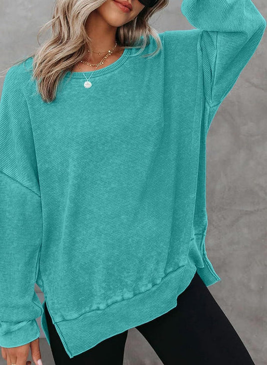 Solid Waffle Top Casual Oversized Drop Shoulder Pullover