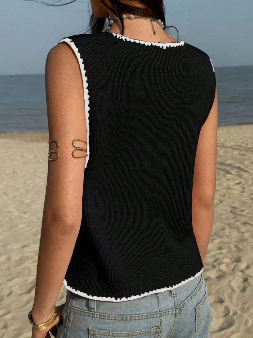Y2K Contrast Trim Knit Tank Top Sleeveless Button Vest