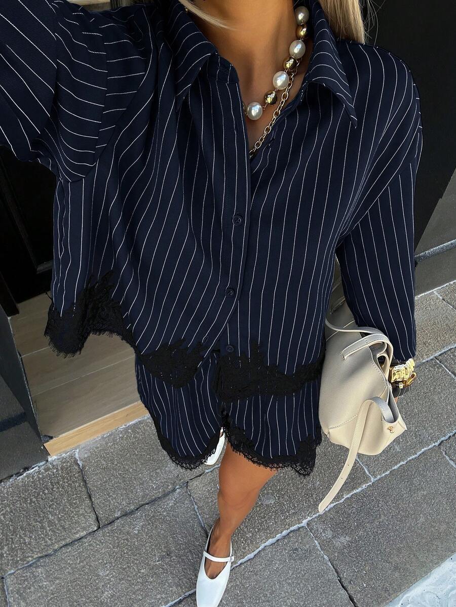 Striped Button Down Shirt & Lace Trim High Waist Shorts Set